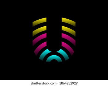 U letter vector desing, Cmyk color font logo. Dynamic split pink, blue, yellow color on black background. For social media,design elements, creative poster, web template    


