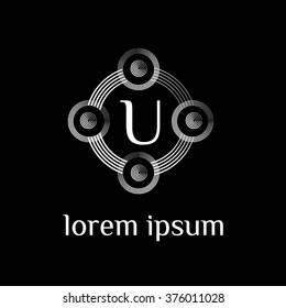 U letter vector logo with circles calligraphic borders (icon, sign, symbol, monogram)