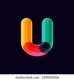 U letter vivid logo with overlapping lines on black background. Vector typeface for vibrant identity, nightlife, techno sphere.