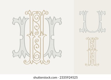 U letter wedding monogram creator kit. Elegant historical style alphabet for party invitations. This set includes Wide and Narrow capitals for your own emblem. Find full set in my profile.