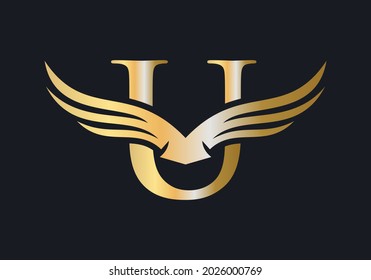 U Letter Wing Logo Design. Initial Flying Wing U Letter Logo. Letter U logo and wings Concept