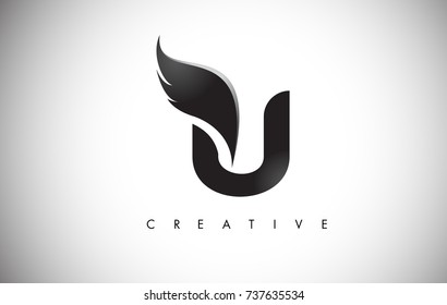 U Letter Wings Logo Design Icon. Flying Wing Letter Logo with Creative Black Wing Concept.