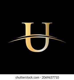 U Logo Design Luxury Template. Initial letter U logotype company name colored gold swoosh design. Modern U Logo Design for business and company identity