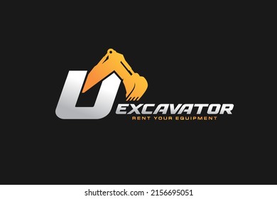 U logo excavator for construction company. Heavy equipment template vector illustration for your brand.