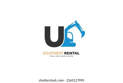 U logo excavator for construction company. Heavy equipment template vector illustration for your brand.