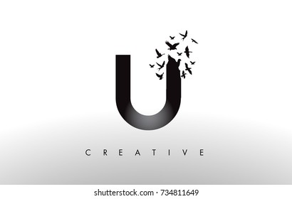 U Logo Letter with Flying Flock of Birds Disintegrating from the Letter. Bird Fly Letter Icon.