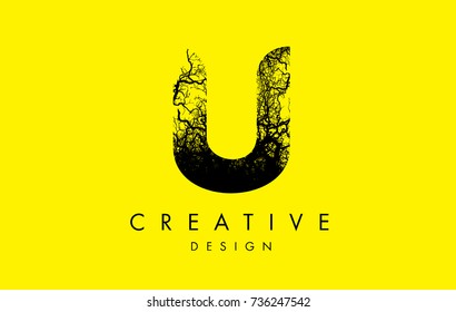 U Logo Letter Made From Black Tree Branches. Tree Letter Design with Minimalist Creative Style.