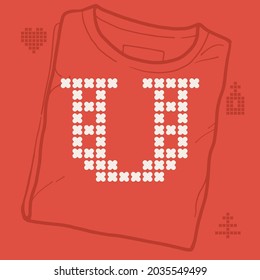 U logo letter is made of thick round knits. Flat style lettering with a set of bonus icons. Perfect for the 2022 New Year, Ugly Sweater Party, Christmas souvenirs design like a T-shirt.