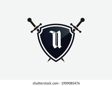 U logo shield sword logo, emblem or banner for luxury, royal or vintage design concept.