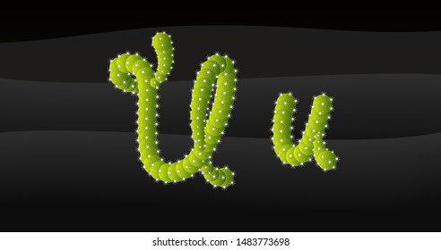 u Lowercase & Capital 3D Cactus Alphabet on black desert blackground, letters vector illustration