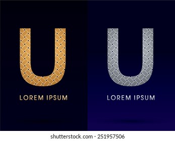 U Luxury font, designed using gold and silver line geometric shape on dark background, idea from wicker,basket ,woven, ribbons, jewelry, diamond ,rope, logo, symbol, icon, graphic, vector.