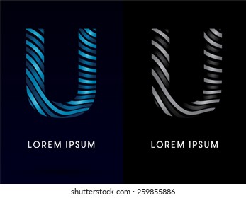 U ,modern wave  font ,designed using blue and black line on dark background, concept move, wave, water, freestyle, zebra line, fantasy ,logo, symbol, icon, graphic, vector.
