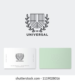 U monogram. Universal emblem. Line U letter like herald shield with laurel wreath. Classic style. Identity. Business card.