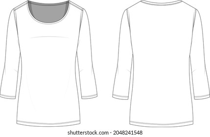 U neck basic t shirt technical drawing vector