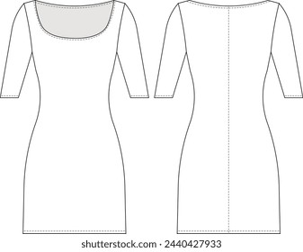 U-Ausschnitt Schöpfhalsausschnitt Halb 34 Kurzarm kurze Knielänge Body-Con Kleid Vorlage Technische Zeichnung flache Skizze CAD Mockup Mode Frau Design Stil Modell 