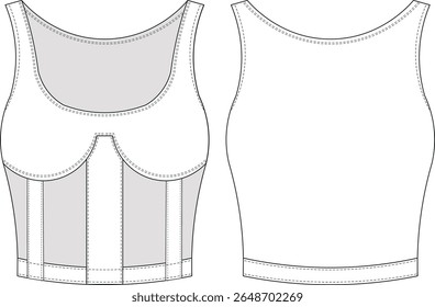 u pescoço colher pescoço sem mangas corte cortado cortador ajuste bodycon esporte jean corpo blusa top modelo desenho técnico esboço plano cad maquete moda mulher design estilo modelo 