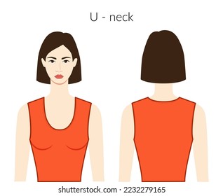 U - la ropa de la escotilla de la ropa personaje hermosa dama de la parte superior naranja, camisa, vestir ilustración de la moda técnica con cuerpo empotrado. Plantilla plana de prendas delanteras, laterales traseros. Mujeres, hombres unisex CAD mockup