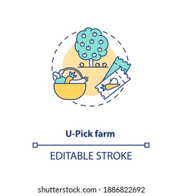 U Pick farm concept icon. Collecting vegetables and fruits on your own. Farming options. Agritourism idea thin line illustration. Vector isolated outline RGB color drawing. Editable stroke