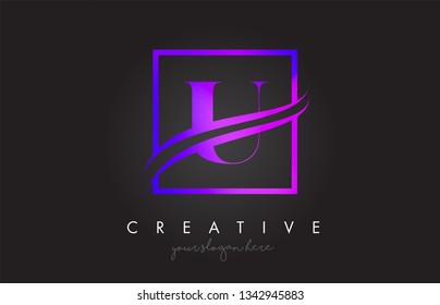 U Purple Violet Letter Icon Logo Design with Square Swoosh Border and Creative Design Vector Illustration.