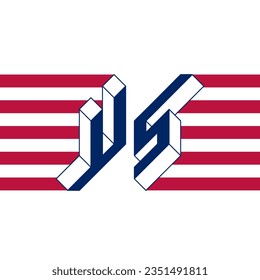 U and S - Monogram or logotype. Isometric 3d font for design. Three-dimension letters. Print for t-shirt. US - international 2-letter code or National domain of United States of America.