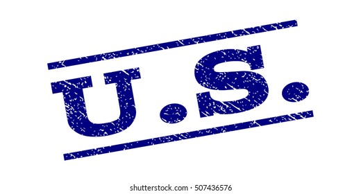 U. S. watermark stamp. Text tag between parallel lines with grunge design style. Rubber seal stamp with scratched texture. Vector navy blue color ink imprint on a white background.