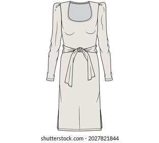 U shape long dress flat sketch. Side slit ladies dress garment sketch.