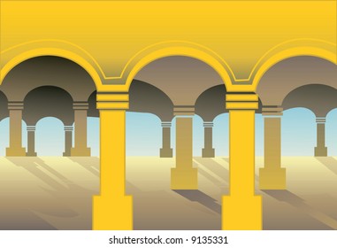  U- Shaped pillars in radiant yellow light.	