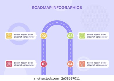 U Shaped Roadmap Infographic with Four Milestone Icons and Bold Colors