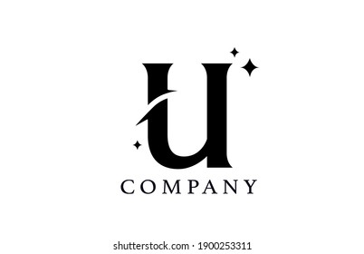 U simple black and white alphabet letter logo for company and corporate. Creative star design with swoosh. Can be used for a luxury brand or icon lettering