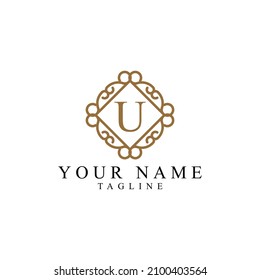 U simple gold monogram alphabet letter logo. Creative icon design with luxury frame for company and business