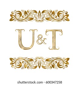 U and T vintage initials logo symbol. The letters are surrounded by ornamental elements. Wedding or business partners monogram in royal style.