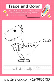 U Tracing word for dinosaurs and coloring trace worksheet for kids to practice writing skills with the word Utahraptor 