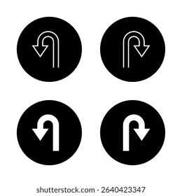 U turn arrow icon on black circle. Direction symbol for maps and navigation