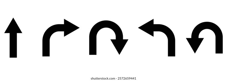 U turn arrow icon set. Direction icon set. Go straight, this way, one way only U turn, left and right arrow vector illustration.