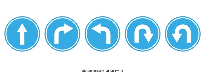 U turn arrow icon set. Direction icon set. Go straight, this way, one way only U turn, left and right arrow vector illustration.