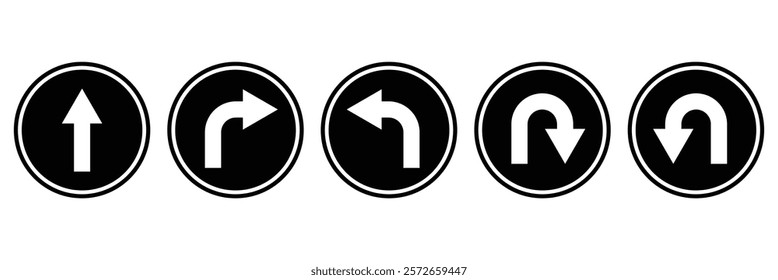 U turn arrow icon set. Direction icon set. Go straight, this way, one way only U turn, left and right arrow vector illustration.