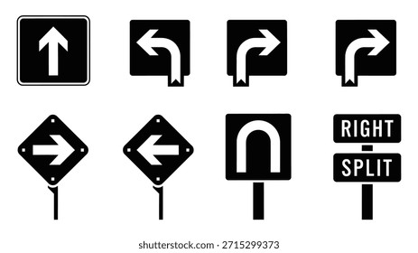 Symbolsatz für den U-Turn-Pfeil. Richtungssymbolsatz. Gehen Sie geradeaus, dieser Weg, nur eine Richtung U-Kurve, Links-und Rechts-Pfeil, Vektorgrafik 10