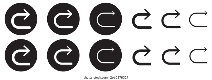 Ilustración vectorial del icono de flecha de giro en U. Conjunto de iconos de dirección en fondo blanco aislado. Ir recto de esta manera Solo U Gire a la izquierda y derecha Negro y blanco Vector de la flecha