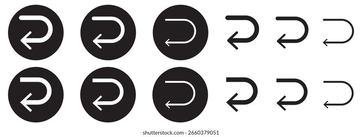 U Pfeil-Symbol drehen, Vektorgrafik. Richtungssymbol Set auf isoliertem weißem Hintergrund. Gehen Sie geradeaus auf diese Weise nur eine Richtung U Links und rechts drehen Schwarz-Weiß-Pfeil-Vektor