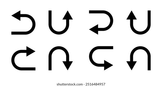 Conjunto de ícones de símbolos de seta de giro U. Conjunto de Ícones de Direção. Ir Direto Desta Maneira Apenas U Vire à Esquerda e Direita ilustração de vetor de seta preta e branca.