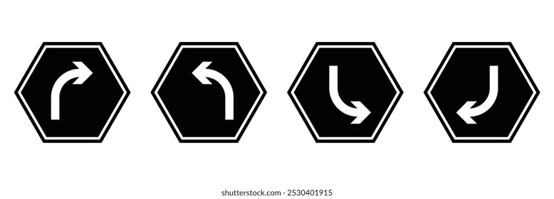  U turn arrow symbol icon set. Direction Icon Set. Go Straight This Way One Way Only U Turn Left and Right Black Arrow Sign Direction Icon Set on white background eps 10.