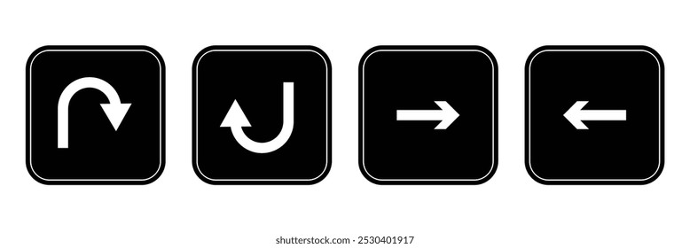  U turn arrow symbol icon set. Direction Icon Set. Go Straight This Way One Way Only U Turn Left and Right Black Arrow Sign Direction Icon Set on white background eps 10.