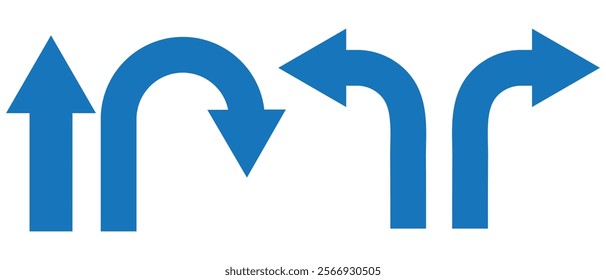 U turn arrow symbol icon set. Direction Icon Set. Go Straight This Way One Way Only U Turn Left and Right Black and White Arrow vector illustration.