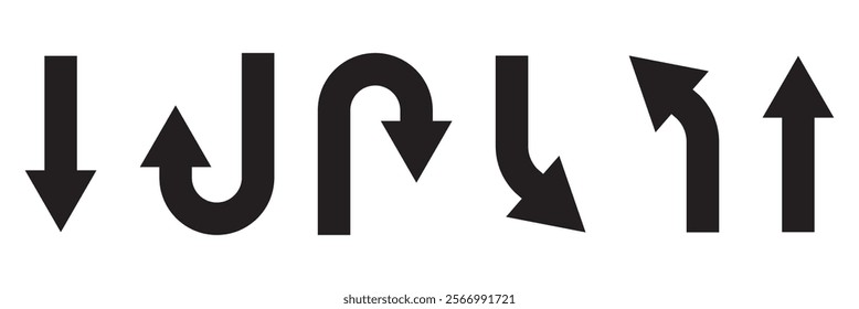 U turn arrow symbol icon set. Direction Icon Set. Go Straight This Way One Way Only U Turn Left and Right Black and White Arrow vector illustration.