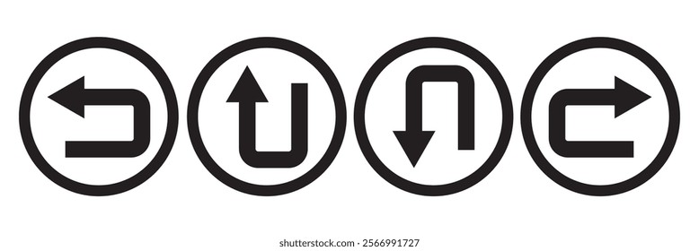 U turn arrow symbol icon set in line style design for website, app, UI, isolated on white background. Editable stroke. EPS 10 vector illustration.