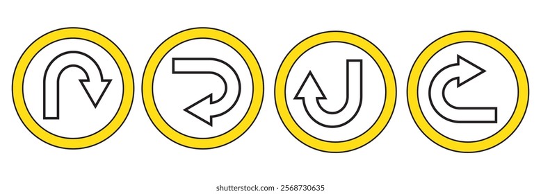 U turn arrow symbol icon set in line style design for website, app, UI, isolated on white background. Editable stroke. EPS 10 vector illustration.