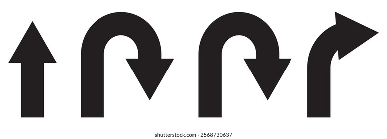 U turn arrow symbol icon set in line style design for website, app, UI, isolated on white background. Editable stroke. EPS 10 vector illustration.