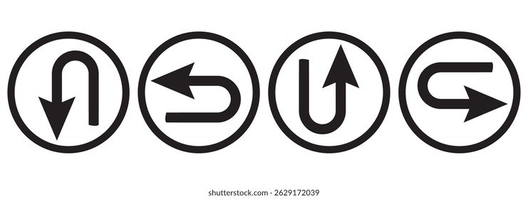 U turn arrow symbol icon set. Direction Icon Set. Go Straight This Way One Way Only U Turn Left and Right Black and White Arrow vector illustration eps 10