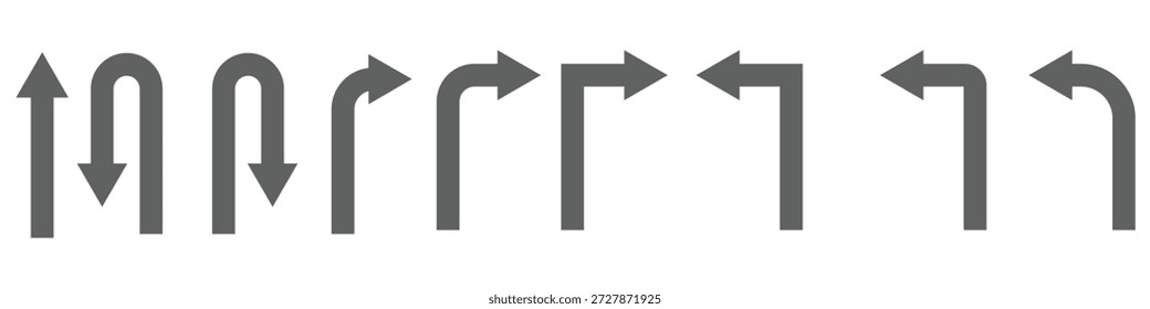 Conjunto de ícones de símbolos de seta de giro U. Conjunto de Ícones de Direção. Ir Direto Desta Maneira Apenas U Vire à Esquerda e Direita ilustração de vetor de seta preta e branca.