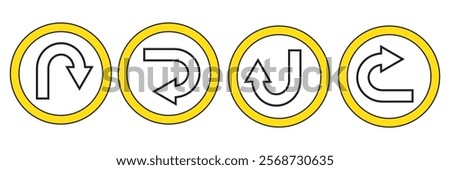 U turn arrow symbol icon set in line style design for website, app, UI, isolated on white background. Editable stroke. EPS 10 vector illustration.